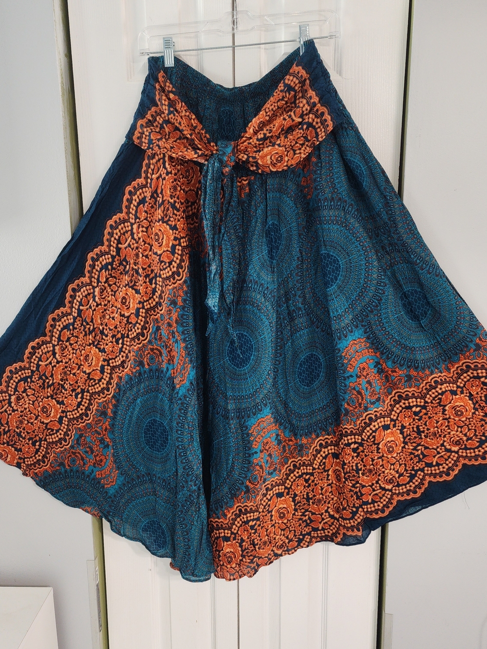Bohemian Teal and Orange Circle Skirt with Tie Waist - Picture 2 of 8